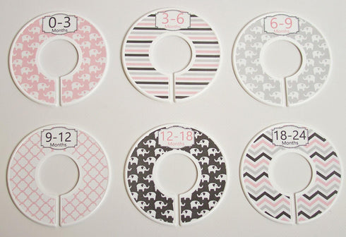 C97 Baby Closety Dividers, Girl Pink Nursery Clothes Hanger Size Dividers, Organizer Elephant Gray, Set of 6