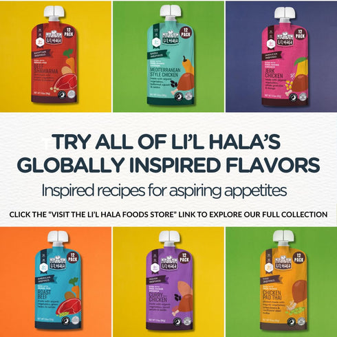 6+ 3.5 oz (12 Pack) Lil Hala Foods - Baby Meat Pouches - Mediterranean Chicken Free-Range Chicken & Organic Veggies