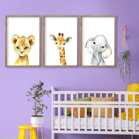 flowtorely 11x16 Inch Set 3 Baby Safari Nursery Wall Art Decor of Wood Framed Cute Animal Giraffe Elephant Lion Prints