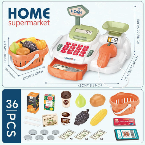 Sotodik 36PCS Cash Register Supermarket Shop Toys with Electronic Sounds,Working Scanner,Calculator,Credit Card