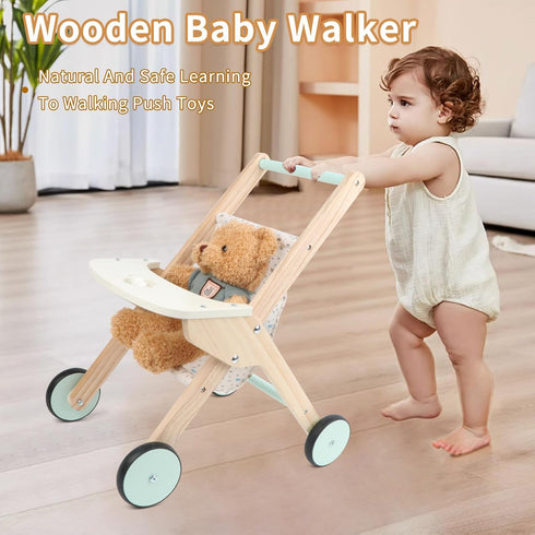 Wooden Baby Walker Doll Stroller - Baby Push Walker & Shopping Cart Learning Toy for Boys and Girls