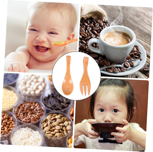 1 Set Spoon Fork Kid Wood Eating Utensils Kids Forks Baby Training Tableware Kids Cutlery Wood Kids Wooden Utensils for Eating Wood Dessert Fork Child Vintage Training Fork by OKUMEYR