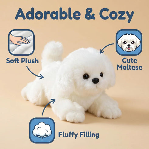 12" CU-MATE Plush Maltese Dog Toys, Simulation-Realistic & Lifelike Soft Stuffed Animal Dog, Handmade Lying Stuffed Dog