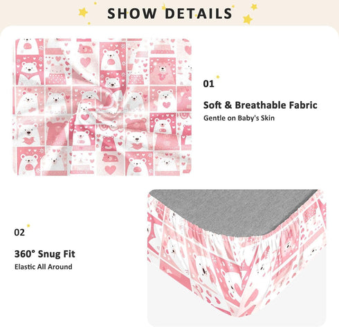 miaozhen 1 Pack 52x28 Cotton Baby Crib Sheets Soft Breathable Bear White and Peach Playard Mattress Sheets for Nursery