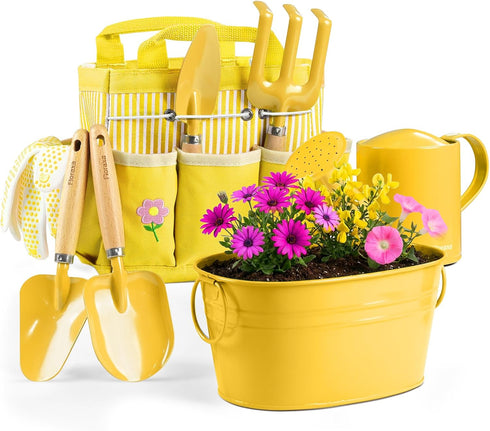 Floraxa 8Pcs Kids Gardening Set with Metal Basket & Real Metal Tools, STEM