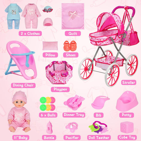 Set 11'' 24 Playset 3-5 4-6 DRAMATION Unicorn Baby Doll Stroller with Baby Doll, Foldable Doll Stroller, Playpen