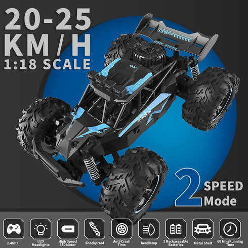2.4GHz 25KM/H 1:18 1800mAh 6+ Carox Remote Control Car, High Speed RC Car, Off-Road Monster Truck with LED Lights