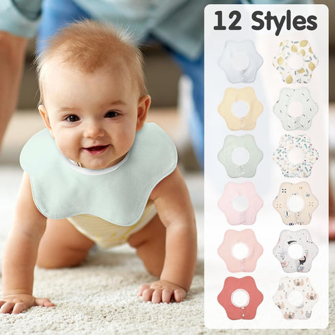 12 Pack 360 0-12 JaGely Rotate Baby Bibs Waterproof Bibs Baby Girl Muslin Bib Snap Cotton Absorbent Infant Drool