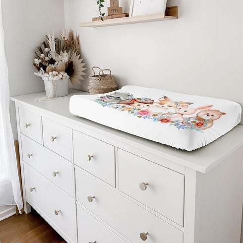 Cute Woodland Animals Spring Floral Changing Pad Cover, Bear Raccoon Hedgehog Rabbit Sheets for Boys Girls, 32"x16"