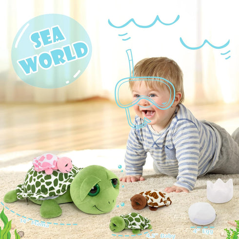 14'' Mommy 3 2 Tummy, MorisMos Sea Turtle Stuffed Animal with Babies, Stuffed Turtle with Babies & Plush Eggs