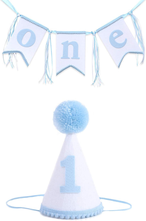 WAOUH Boys 1st Birthday Hat and Highchair Banner - Blue and WHite