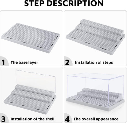 Mlikero 2 Pack Display Case for Minifigures - Clear Dustproof Acrylic Storage Box with 3 Movable Steps, Gray