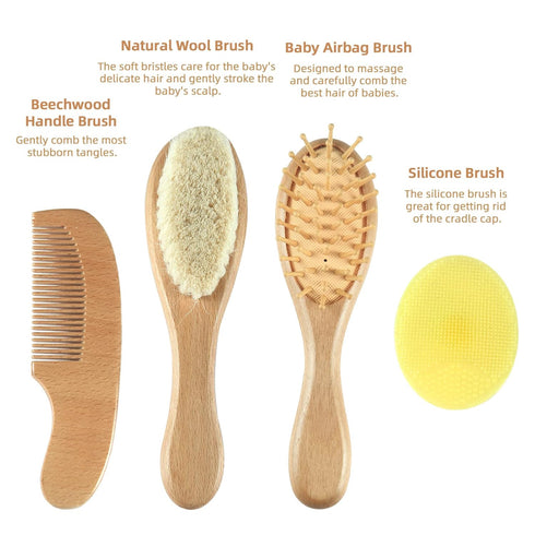 Baby Hair Brush and Comb Set (4-Piece) for Newborn - Wooden Baby Hairbrush Set,A Beechwood Brush, Baby Airbag Brush, Beech Handle Brush, and Prevent Cradle Cap Silicone Brush - Ideal Registry Gift