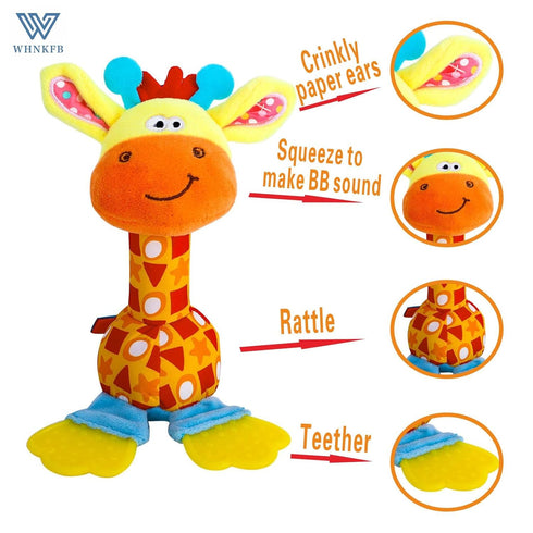 WHNKFB 0-12 Baby Teether Rattle Toy - Soft Giraffe Plush with Crinkle Squeaky Sound, Sensory Shaker for Newborns