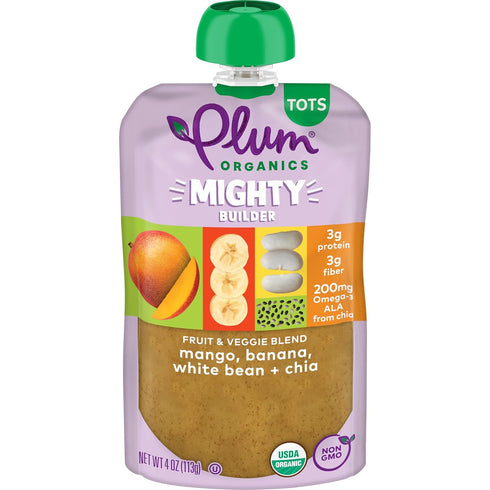 Plum Organics Mighty Builder Organic Toddler Food - Mango, Banana, White Bean, and Chia - 4 oz Pouch (Pack of 12) - Organic Fruit and Vegetable Toddler Food Pouch