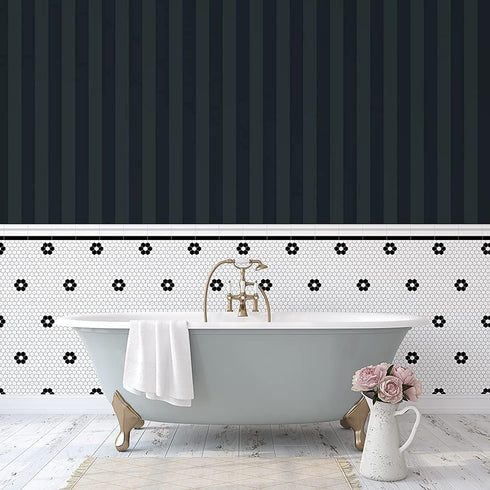 Itsy Bitsy Mini 1:12 12In 18In SF-O-WAL1597-PS-L Black and White Hexagon Flower Tile Dollhouse Flooring Wallpaper Scale