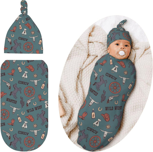 Swaddling Blanket for Baby, Unisex Sleeping Sacks with Hat, Western