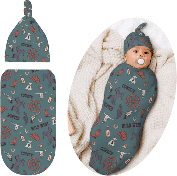 Swaddling Blanket for Baby, Unisex Sleeping Sacks with Hat, Western