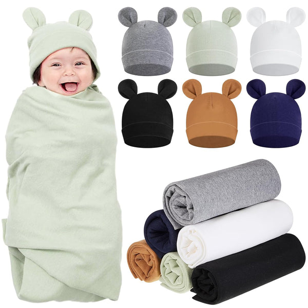 Ramede 6 Set Baby Swaddle Blanket and Hat, 100% Cotton Newborn Receiving