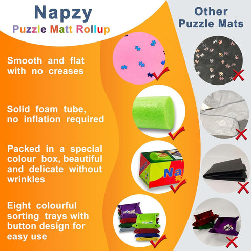 Napzy 1500 8 Puzzle Mat Roll Up for Pieces with Sorting Trays, Portable Puzzle Board Storage Organizer, Non-Slip Mat