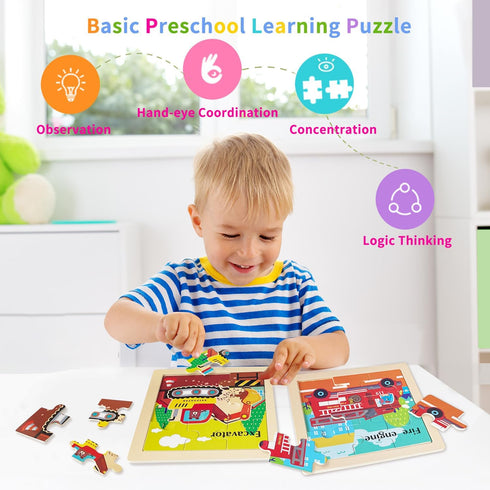 2-4, 9 3-5, 2-4 Wooden Puzzles for Toddlers Pieces Vehicle Jigsaw Puzzles for Kids Ages Toddler Toys for Preschool