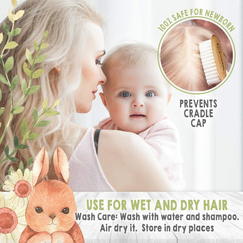 Set Baby Hair Brush & Bamboo Viscose Baby Washcloth for Newborn - Baby Bath Grooming Essential - Suitable for Delicate