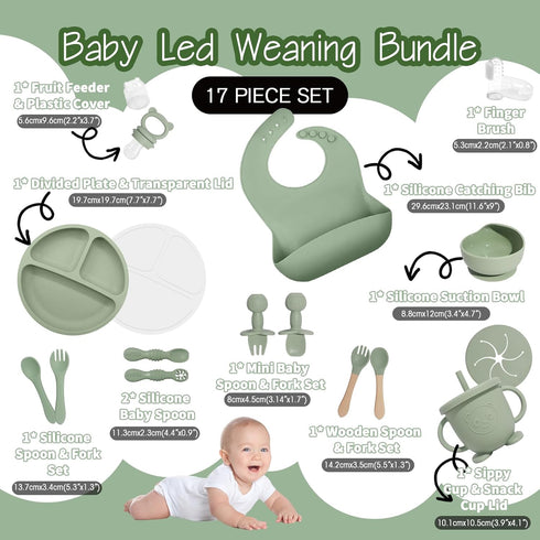 17 Set, 6+ Baby Led Weaning Supplies, Piece BPA-Free Silicone Feeding Eating Essentials Baby Utensils with Suction