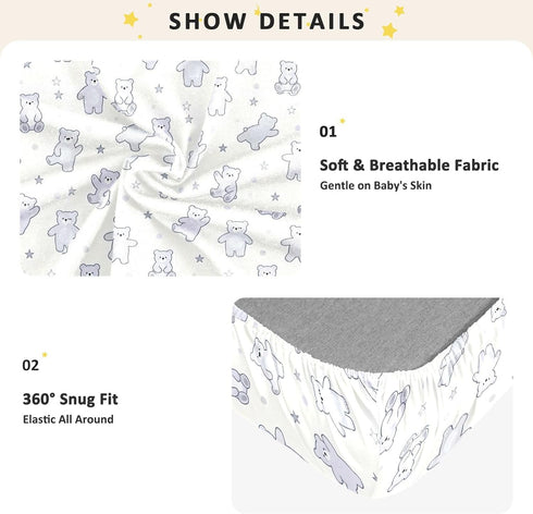 miaozhen 1 Pack 52x28 Cotton Crib Sheets for Baby Boys Girls Soft Breathable Lilac Funny Bear Muslin Toddler Crib Sheet
