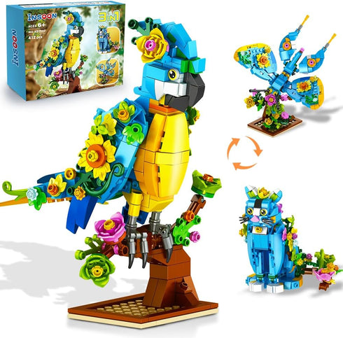 INSOON 3 in 1 Flower Cat Parrot Butterfly Building Set, Animal Figures
