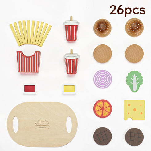 Set 26 3+, 3-8 Pillowhale Wooden Play Food for Kids - Pcs Hamburger Pretend Play Food with Fries & Drinks, Montessori