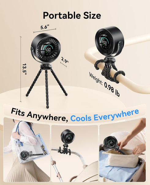 KIMMOO 100 360 Portable Stroller Fan, Speeds Quiet Rechargeable USB Fan with LED Display, Adjustable Safe Clip Fan