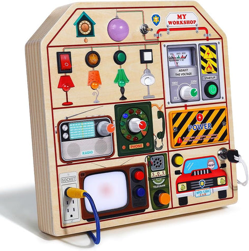 JAUNTY Montessori Wooden Busy Board - Toddler Sensory Toys with LED Light Switches, Travel Toys for Ages 1-3