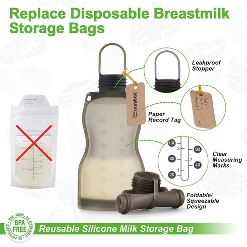 9 oz- Yummy 5 Count,Grey haakaa Silicone Breast Milk Storage Bag Reusable Milk Collector Freezer Bag for Breastfeeding