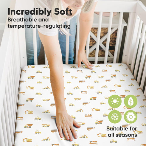 Pack and Play Sheets Fitted, 2-Pack Mini Crib Sheets, Organic Fitted for Pack N Play Mattress, Construction