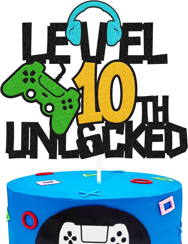 Level 10th Unlocked Cake Topper, Happy 10th Birthday Decoration, Video Game Controller Theme Supplies
