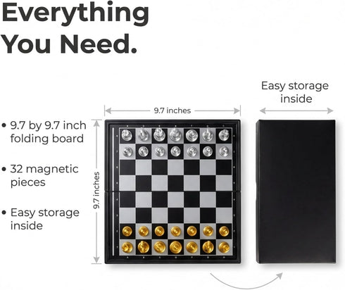Set Set 9.7" Magnetic Travel Chess Game with Folding Board Portable and Storage Compartment Great Travel Toy by Big Mos
