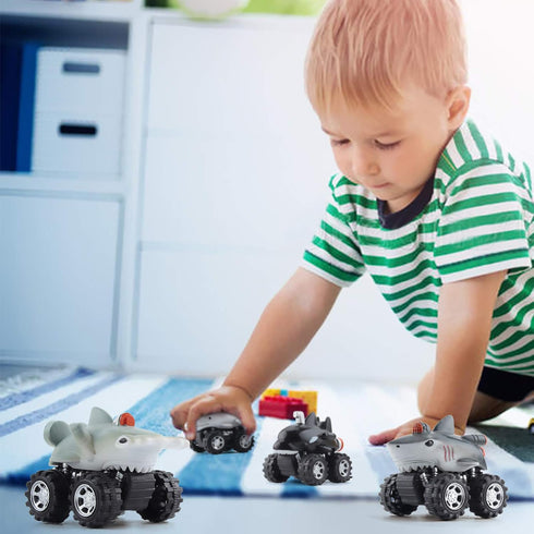 DINOBROS Shark Toys Pull Back Cars, 4 Pack Ocean Animal Truck Toy, Gift for 3 Years Old and Up