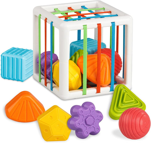 Montessori Toys for 1 Year Old, Cube Bin & 6 Sensory Shape Blocks, Developmental Infant Birthday Gifts for 12-18 Months