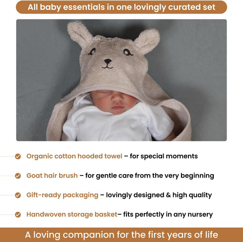 Set 3-Piece Set Baby Gift for Newborns with Organic Cotton Hooded Towel in Bunny Design, Natural Bristle Baby Hairbrush