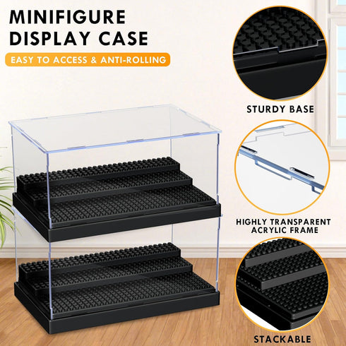 KKU Display Case for Minifigure Action Figures, Acrylic Storage Box with 3 Movable Steps, Gift for Kids and Adults