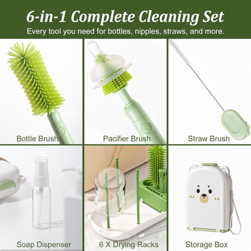 6-in-1 Set Travel Baby Bottle Cleaner Kit with Storage Case Compact Bottle Brush for Infant Feeding, Breast Pump Parts