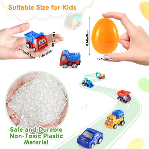 24 Packs 2.8 Duchong Prefilled Easter Eggs with Cars Toys for Easter Eggs Hunt, Plastic Eggs with Pull-Back