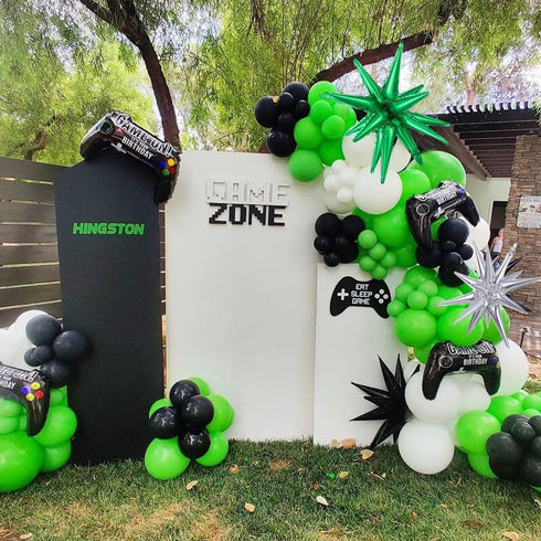 144Pcs Video Game Balloon Arch Garland Kit: Green Black Silver Mylar Balloons for Boys Kids Game On Birthday Party