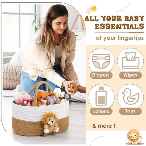FoldTier Lion Baby Diaper Caddy Organizer Cotton Rope Nursery Storage Bin Basket Baby Shower Basket Gift Portable