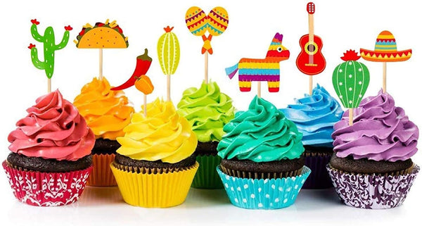 36 Pcs Fiesta Cupcake Topper - Mexican Theme Cake Decoration for Cactus, Donkey, Taco, Pepper, Sombrero Party