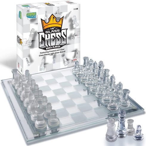 Gamie 14 Inch Glass Chess Set for 2 Players - Elegant Design - 32 Frosted and Clear Pieces - Durable Build