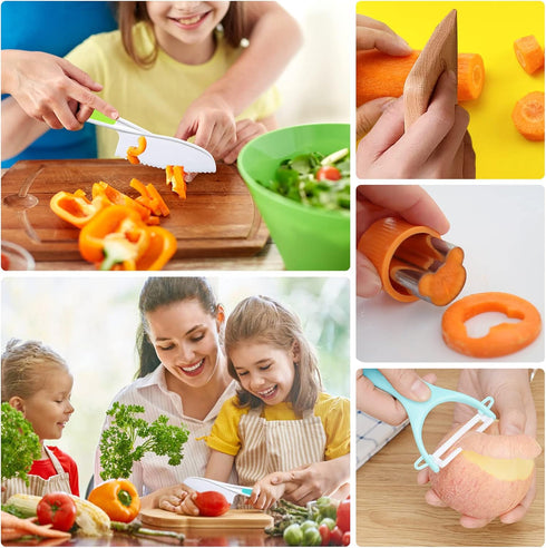 RISICULIS 14 Set Pieces toddler knife, Kids Knife Include Wood Kids Safe Knife, Plastic Toddler Knife, Cutting Board