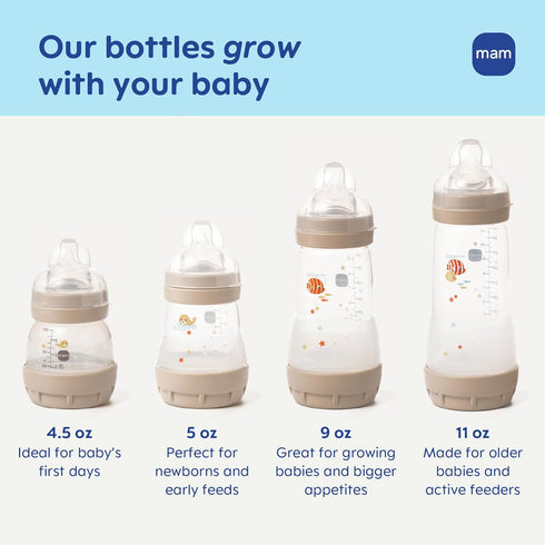 9oz 2+ 2 Pack, MAM Easy Start Anti-Colic Wide Neck Vented Baby Bottle, Medium Flow Breastfeeding-Like Nipple, Reduces