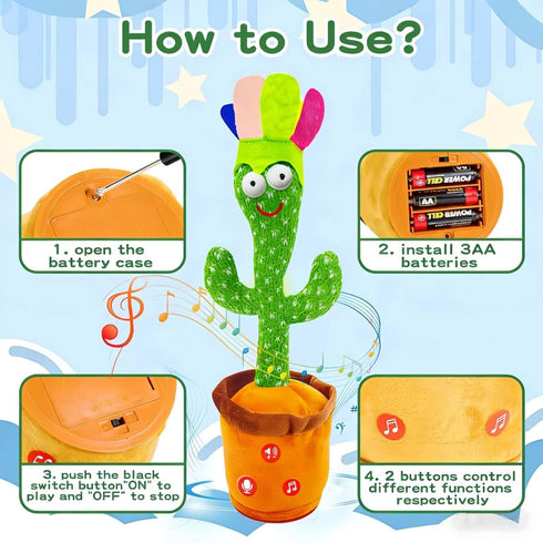 JAKCJFII 120 Adjust Volume Dancing Talking Cactus Baby Toy Singing Mimicking Recording Toys Repeats What You Say, Comes