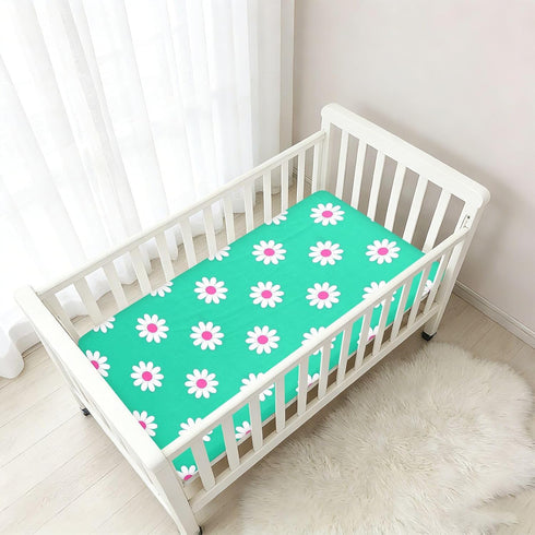miaozhen 1 Pack 52x28 Cotton Baby Crib Sheets for Boys Girls Ultra Soft Daisy Flower Cyan White Crib Mattress Sheet